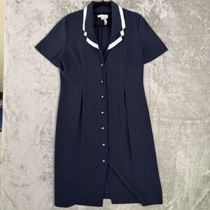 VTG Miss Dorby Dress Womens 14 Navy Blue‎ Button Front Midi